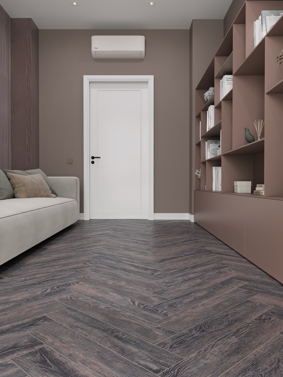 Кварцвиниловый SPC ламинат Cronafloor Herringbone Дуб Бордо H006 венгерская елка 640×128×4,5 фото в интерьере